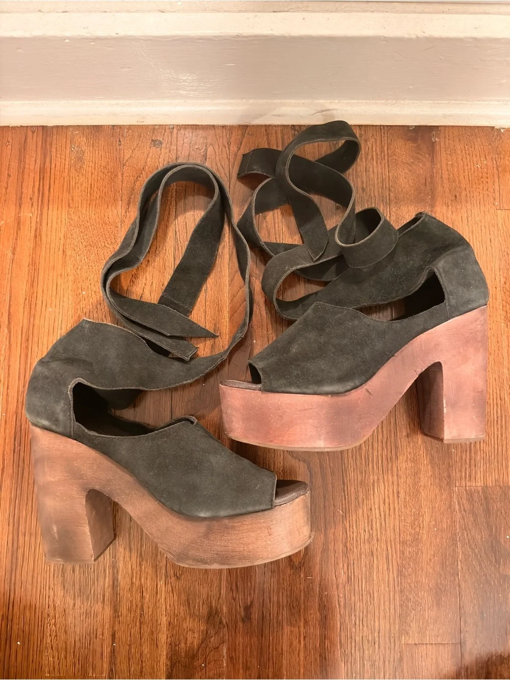 Dark Green Suede Platform Wrap-Heel Sandal